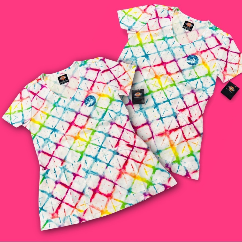 Dickies Medical Scrub Tops Lot of 2 XS Colorful Tie Dye Print Stretch NWT